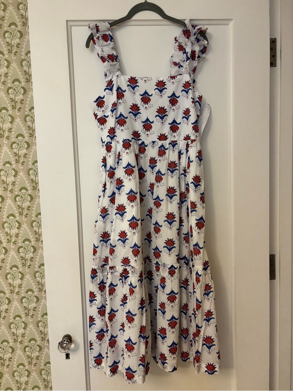 J. Crew Factory White Maxi Dress with Red & Blue Floral Print